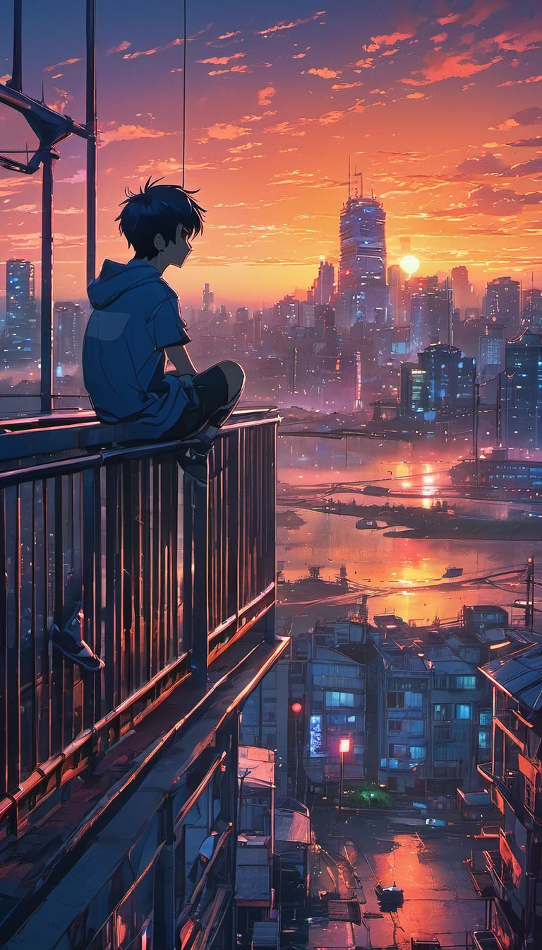 anime boy sitting on a balcony watching the sunset, watching the sun set. anime, lofi artstyle, anime background art, anime style cityscape, beautiful anime scene, lofi art, in style of makoto shinkai, 4 k manga wallpaper, makoto shinkai cyril rolando, hd anime cityscape, ilya kuvshinov landscape, 4k anime wallpaper