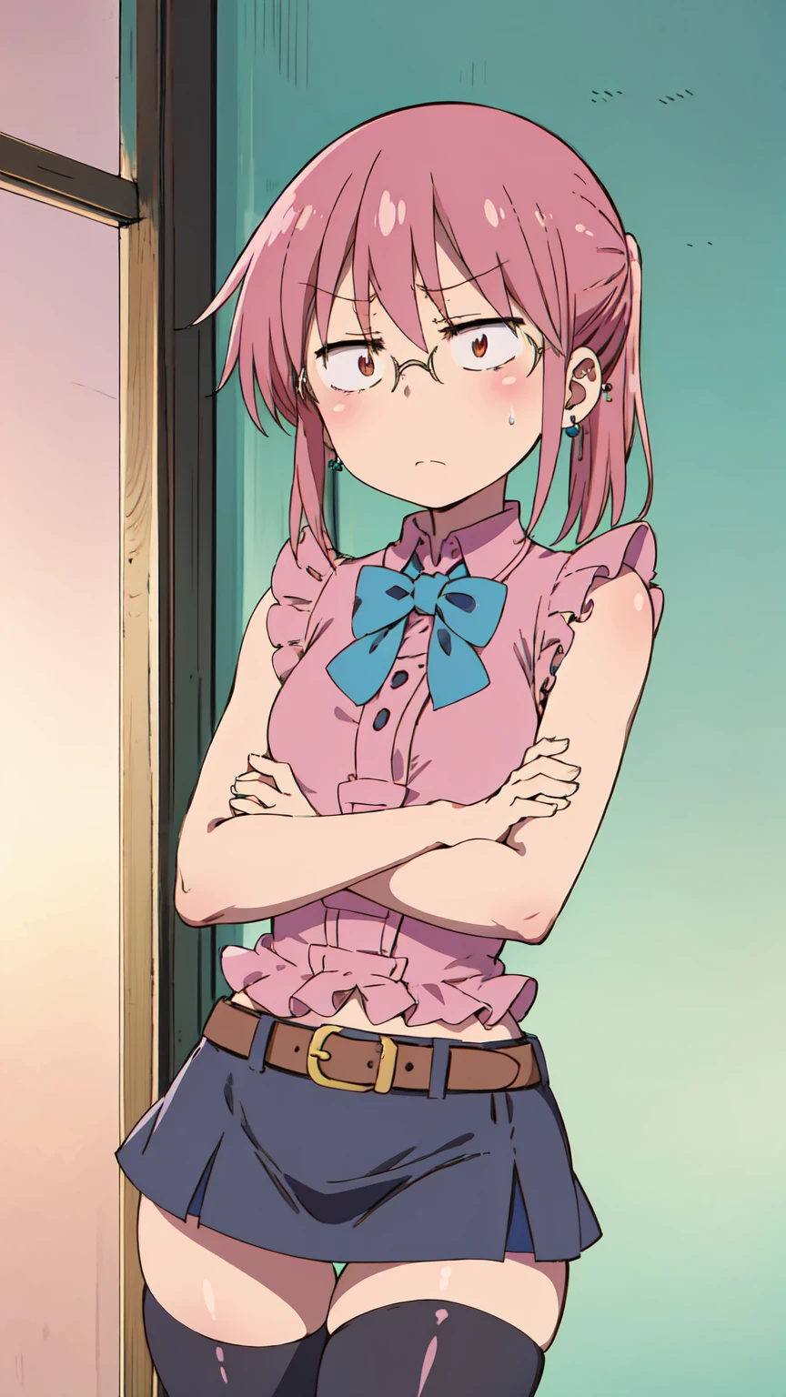 Kobayashi, annoyed, frown, Crossed arms, (Bust size very very small.)), (flat chest:1.2), Elizabeth 7ds custom, ((pink sleeveless blouse with ruffles and blue bow,)), black leather skirt, asymmetrical leggings, pink shirt, black thighs, Belt with buckle, black thigh high stocking on the right leg, turquoise earrings, mini skirt,