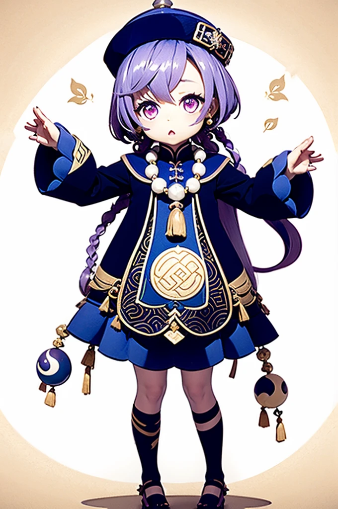 masterpiece, best quality, 10 years old, 1girl, qiqi (genshin impact), solo, thighhighs, hat, purple hair, white thighhighs, hair ornament, braid, qing guanmao, long sleeves, purple eyes, long hair, jewelry, parted lips, wide sleeves, ofuda, purple headwear, bangs, looking at viewer, outstretched arms, standing on one leg, beads, blush, shorts, dress, bead necklace, jiangshi, yin yang, single braid, black footwear, orb, necklace, blue dress, coin hair ornament, hair between eyes, very long hair, purple jacket, standing, snowflakes, shoes, cropped jacket, jacket, :o, sleeves past wrists, braided ponytail, vision (genshin impact), short shorts, bandaged leg, earrings, blue shorts, bandages, leg up, chinese clothes, yin yang orb,