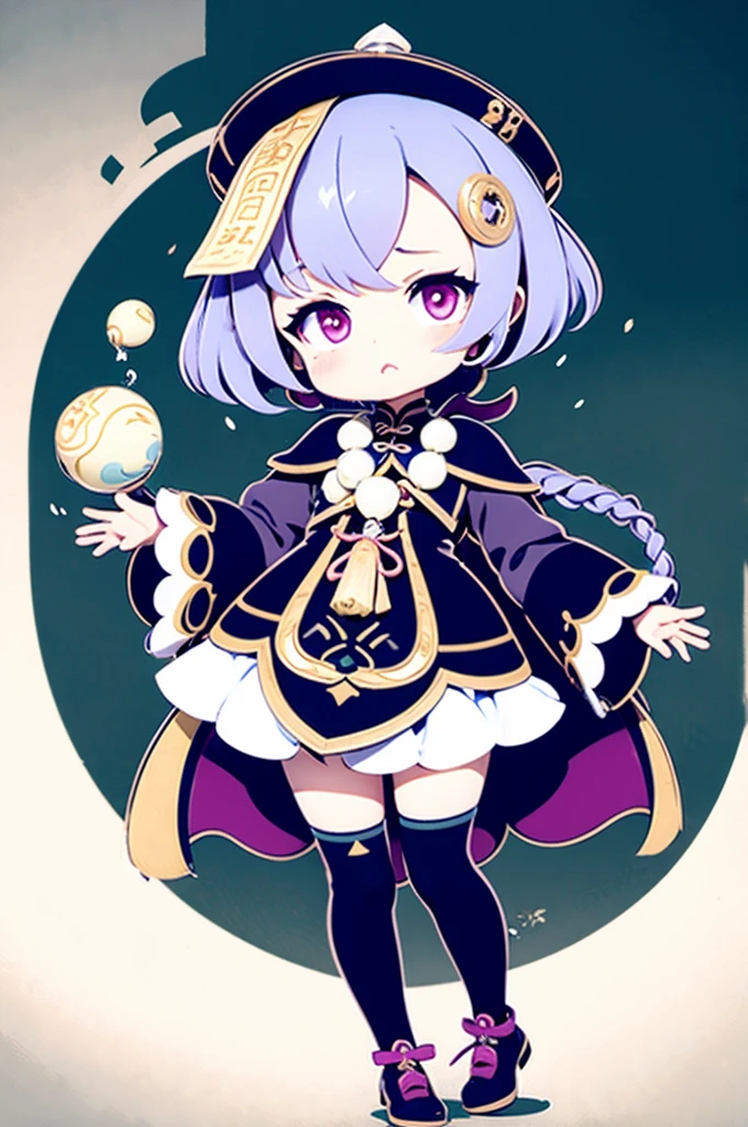 masterpiece, best quality, , 1girl, qiqi (genshin impact), solo, thighhighs, hat, purple hair, white thighhighs, hair ornament, braid, qing guanmao, long sleeves, purple eyes, long hair, jewelry, parted lips, wide sleeves, ofuda, purple headwear, bangs, looking at viewer, outstretched arms, standing on one leg, beads, blush, shorts, dress, bead necklace, jiangshi, yin yang, single braid, black footwear, orb, necklace, blue dress, coin hair ornament, hair between eyes, very long hair, purple jacket, standing, snowflakes, shoes, cropped jacket, jacket, :o, sleeves past wrists, braided ponytail, vision (genshin impact), short shorts, bandaged leg, earrings, blue shorts, bandages, leg up, chinese clothes, yin yang orb,