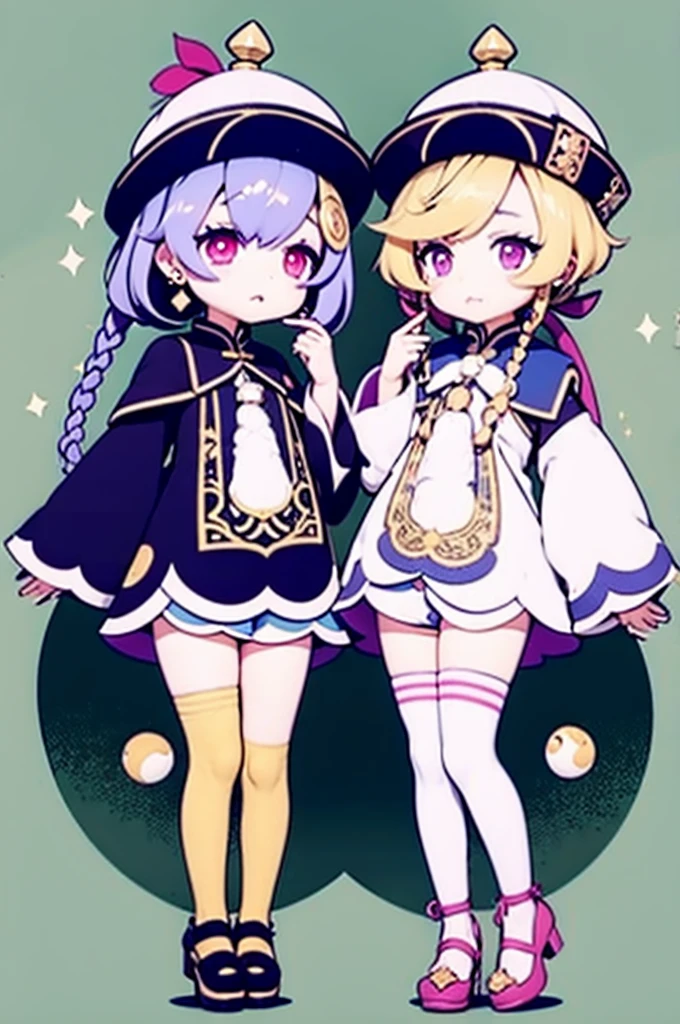 masterpiece, best quality, , 1girl, qiqi (genshin impact), solo, thighhighs, hat, purple hair, white thighhighs, hair ornament, braid, qing guanmao, long sleeves, purple eyes, long hair, jewelry, parted lips, wide sleeves, ofuda, purple headwear, bangs, looking at viewer, outstretched arms, standing on one leg, beads, blush, shorts, dress, bead necklace, jiangshi, yin yang, single braid, black footwear, orb, necklace, blue dress, coin hair ornament, hair between eyes, very long hair, purple jacket, standing, snowflakes, shoes, cropped jacket, jacket, :o, sleeves past wrists, braided ponytail, vision (genshin impact), short shorts, bandaged leg, earrings, blue shorts, bandages, leg up, chinese clothes, yin yang orb,