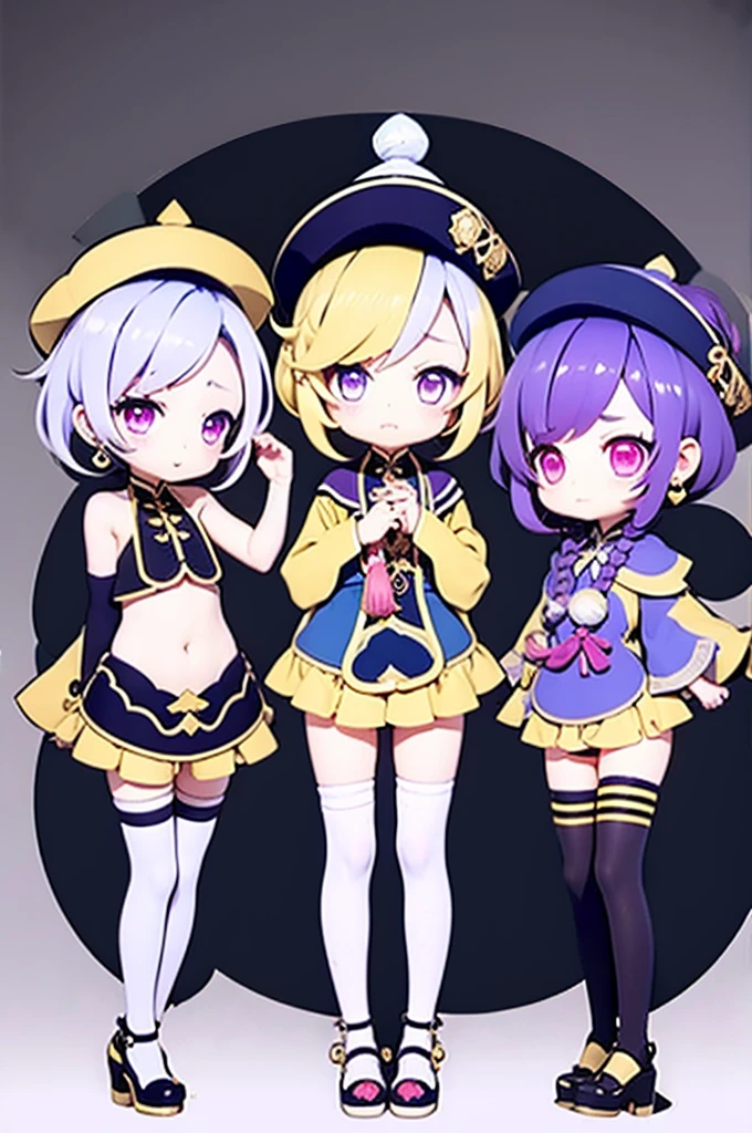 masterpiece, best quality, , 1girl, qiqi (genshin impact), solo, thighhighs, hat, purple hair, white thighhighs, hair ornament, braid, qing guanmao, long sleeves, purple eyes, long hair, jewelry, parted lips, wide sleeves, ofuda, purple headwear, bangs, looking at viewer, outstretched arms, standing on one leg, beads, blush, shorts, dress, bead necklace, jiangshi, yin yang, single braid, black footwear, orb, necklace, blue dress, coin hair ornament, hair between eyes, very long hair, purple jacket, standing, snowflakes, shoes, cropped jacket, jacket, :o, sleeves past wrists, braided ponytail, vision (genshin impact), short shorts, bandaged leg, earrings, blue shorts, bandages, leg up, chinese clothes, yin yang orb,