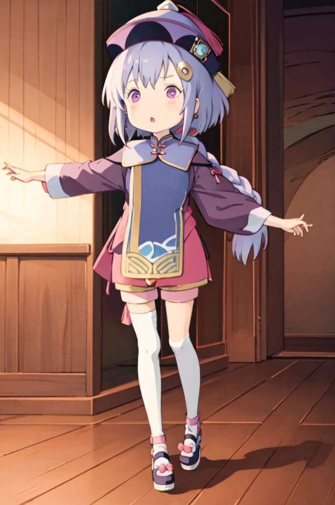 masterpiece, best quality, 10 years old, 1girl, qiqi (genshin impact), solo, thighhighs, hat, purple hair, white thighhighs, hair ornament, braid, qing guanmao, long sleeves, purple eyes, long hair, jewelry, parted lips, wide sleeves, ofuda, purple headwear, bangs, looking at viewer, outstretched arms, standing on one leg, beads, blush, shorts, dress, bead necklace, jiangshi, yin yang, single braid, black footwear, orb, necklace, blue dress, coin hair ornament, hair between eyes, very long hair, purple jacket, standing, snowflakes, shoes, cropped jacket, jacket, :o, sleeves past wrists, braided ponytail, vision (genshin impact), short shorts, bandaged leg, earrings, blue shorts, bandages, leg up, chinese clothes, yin yang orb,