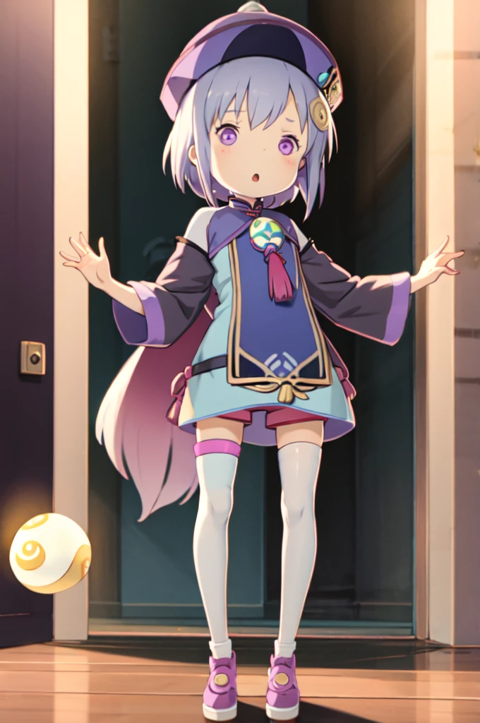 masterpiece, best quality, , 1girl, qiqi (genshin impact), solo, thighhighs, hat, purple hair, white thighhighs, hair ornament, braid, qing guanmao, long sleeves, purple eyes, long hair, jewelry, parted lips, wide sleeves, ofuda, purple headwear, bangs, looking at viewer, outstretched arms, standing on one leg, beads, blush, shorts, dress, bead necklace, jiangshi, yin yang, single braid, black footwear, orb, necklace, blue dress, coin hair ornament, hair between eyes, very long hair, purple jacket, standing, snowflakes, shoes, cropped jacket, jacket, :o, sleeves past wrists, braided ponytail, vision (genshin impact), short shorts, bandaged leg, earrings, blue shorts, bandages, leg up, chinese clothes, yin yang orb,