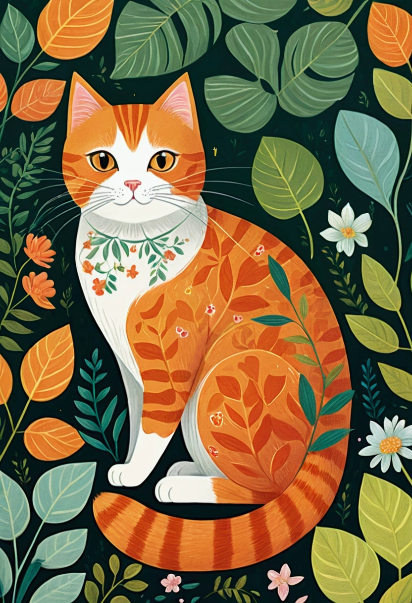 illustration of a cat sitting in a garden with plants and leaves, cats and plants, cat in the forest, illustration of a cat, illustrated in whimsical style, cute illustration, jane newland, illustration!, #illustration, painting of a cat, by Yuko Tatsushima, cute storybook illustration, children book illustration, orange cat, a painting of a cat