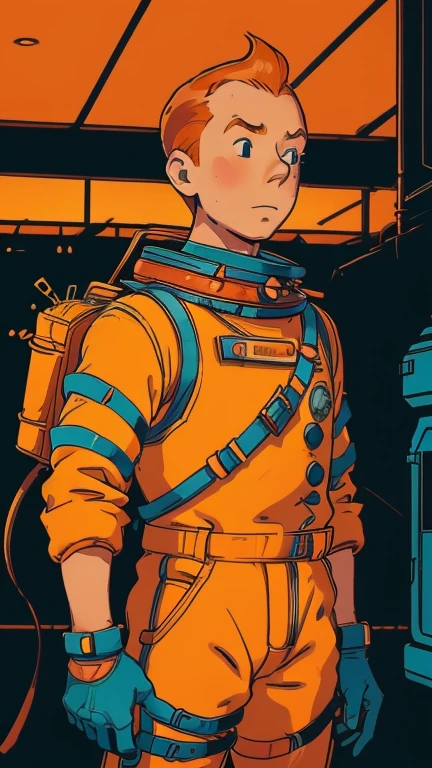 (Teens:1male: Tintin), (extremely detailed CG unit 8k wallpaper),(master part), (best quality), (ultra detali), (best illustration),(melhor ombre), cowboy shot, (Sharp eyeliner, ombre, detailed eyes:1), dark space station indoors background, ,break , (stud10gh1bl1_style), upper body, very short hair,orange hair,astronaut in an orange space suit