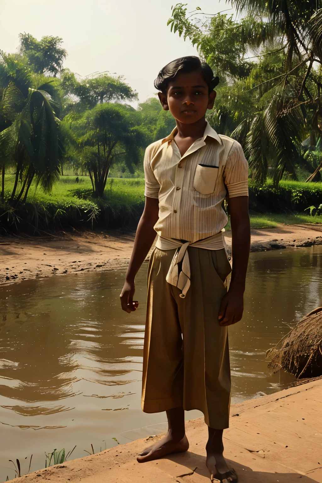Parambil, India, 1937. A young ((((13-year-old)) Philipose)), playing next to the river, ((((clothings from the 1930s)))), ((hairstyle of the 1930s))