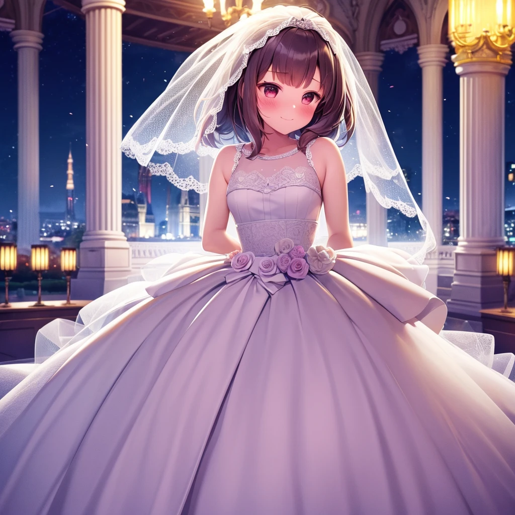 (best quality, HD, masterpiece:1.2,), illustration, night, 1 Girl, whole body, (Wedding dress), Arms behind your back, Waiting for a kiss, Looking at the audience, Happy, blush,