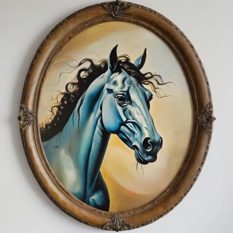 image of a {Head of a horse}, painted in the surrealist style of Salvador Dali, with dreamlike and bizarre elements, oil paint brushstrokes, oval wooden frame, wall mounted