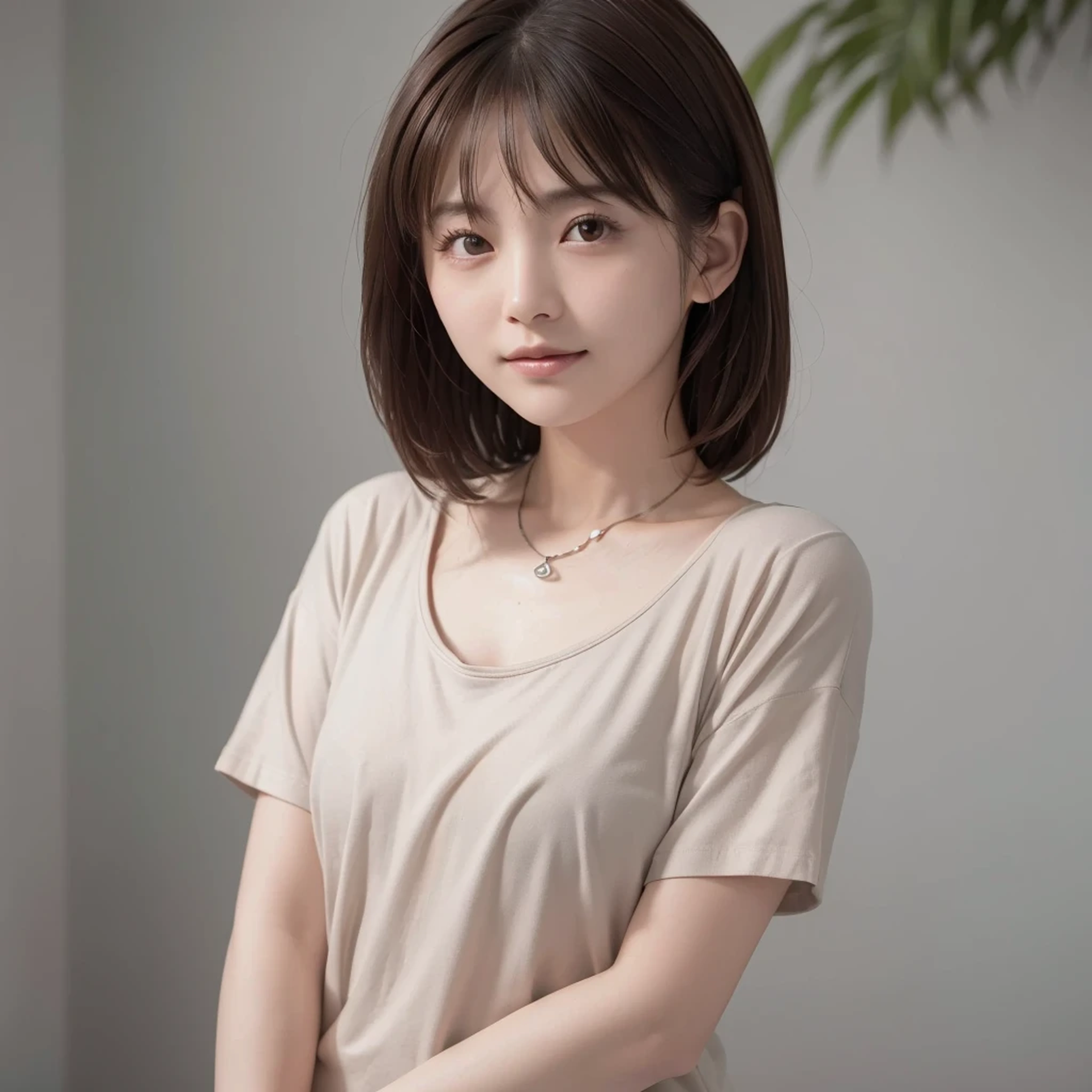 ((8k:1.27)、Highest quality、masterpiece、Ultra-high resolution:1.2)Photo Beautiful Japan woman(Comfortable:1.1) grace、good、Gradient lighting、One Girl、Delicate skin、Look at this、Brown eyes、(Short hair with bangs:1.2)、Small breasts、(Realistic:1.4)、(Highest quality:1.0)、(Ultra-high resolution:1.0)、8k、RAW Photoasterpiece:0.2)、(Pure Eros Face_v1:0.5)、 Mock neckスリーブTシャツ、Cap Sleeve、mocha brown、Mock neck、Short sleeve T-shirt、White T-shirt、Very tough、Holslieb、What can I do for you?、Thin fabric clothing、Put your chest together、Tare in Tioning City、Stylish town、theme、Tilt、Look at this、smile、Futomo、A little chubby、Big Ass、necklace、SLR、Morning light、The morning sun is dazzling、