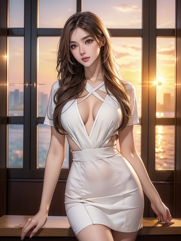 (school teacher outfit:1.37), (realistic photo: 1.37), high definition RAW photograph, high definition and beautiful, 8k Image wallpaper, Amazing details, highly detailed beautiful girl, Extremely detailed face, (Finely defined super beautiful eyes:1.3), (soft smiling:0.8), Depth of written boundary, natural soft lighting, UHD, Realistic Skin, Wide hips, evening sunset, (evening sunset outside the window:1.2, sunset through window:1.2), From inside the classroom, cute girl, realistic, (Tight hair), (Ultra Soft hair), (ultra straight hair), Swept long bangs, light coppery amber hair, skinny body, (Best Quality, High quality, High Definition, high quality texture, high detailing, Beautiful detailed, fine detailed, extremely details CG, Detailed texture,realistic representation of face, masterpiece, presence,Dynamic,Bold), Curvaceous, Ultra detailed skin, Beautiful breasts, small breasts, pale skin, pointed breast, narrow waist, 