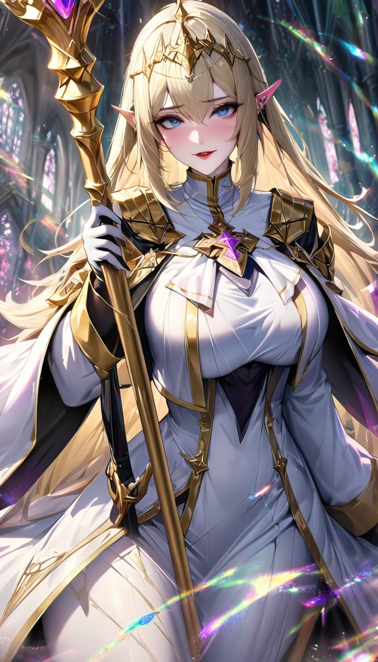 beautiful elven female bishop of the cathedral, cool beauty, piercing blue eyes, shoulder-length blonde hair, make-up, amorous and lewd face, great proportion, wearing splendid white, light blue and gold bishop's uniform and mitra crown, large staff embedded with purple jewel, (ultra detailed, absolutely resolution, best quality:1.3), 2.5D, delicate and dynamic, foggy effects, glitter effects