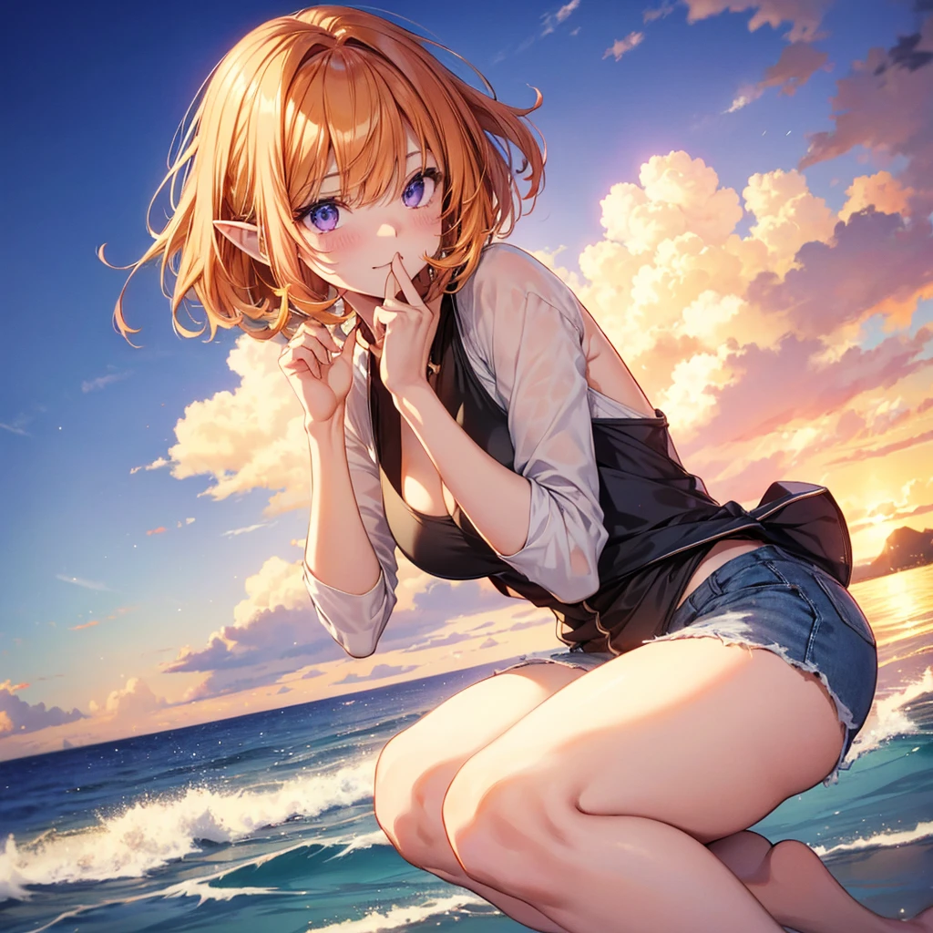 Sunglasses on forehead, Have a swim ring, Beach, Bitch, Elf Ears, Highest quality,Best image quality,Perfect Anatomy,masterpiece,Very detailedな,beautiful,super high quality, Highest quality,High resolution, Very detailed,Game CG,Dutch Angle ,beautiful細部までこだわった目,Visual Arts,Five Fingers, Perfect hands,Hide your hands, {{{One Girl}}}, beautiful詳細な女の子, Game CG, Spring flower, One curl on the outside, Short Bob Hair, Pastel orange hair, Purple eyes,Stylish accessories solo, Breast augmentation, Medium Shot, woman, Take-out, Laughter, Giant thighs ,Denim hot pants, Black Knee High, {{{{{Wearing a pastel green shirt}}}}},Open your mouth, wonderful, beautiful細部までこだわった目, Highest quality, Very delicate,Masseter region,Highest quality,(Official Art、Highest quality、unity 8k wallpaper、32K、masterpiece、Very detailedな、超High resolution、Realistic、Realistic:1.2)、(Cinema Lighting:1.2)、The most grainy shadows on the film、Side light、Side Shot、(Very detailedなで複雑な3Dレンダリング)、Atelier Series,