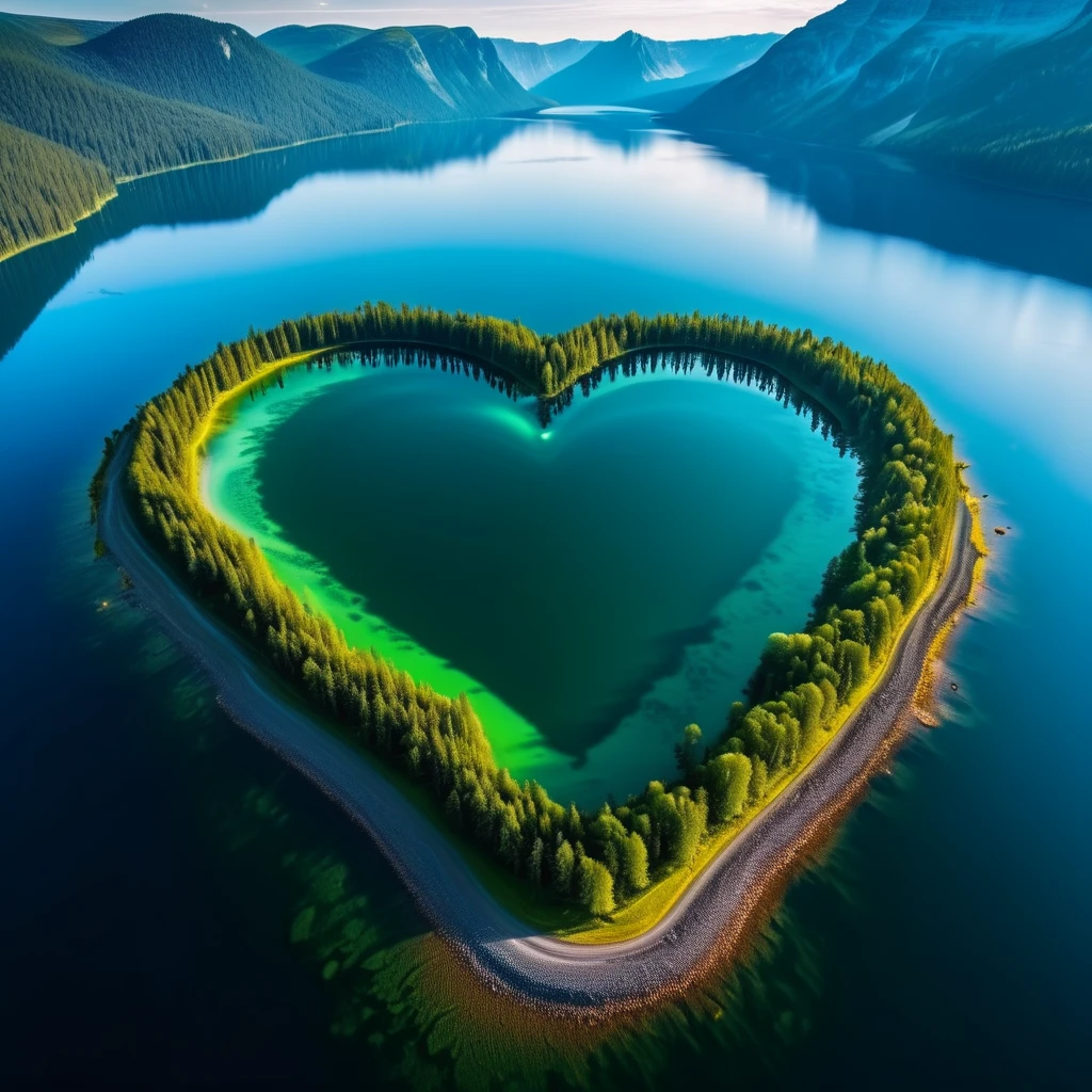 Fantasy Landscape, Fantastic landscape, Cool landscape, Professional photography, 8k, Highest quality, Heart-shaped lake