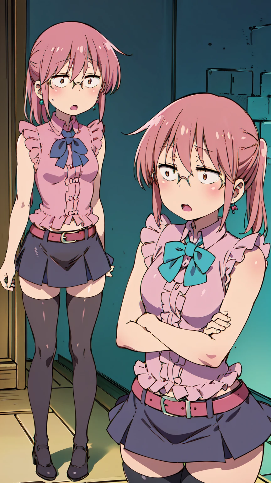 Kobayashi, surprised, Surprise face, hands on cheeks, (Bust size very very small.)), (flat chest:1.2), Elizabeth 7ds custom, ((pink sleeveless blouse with ruffles and blue bow,)), black leather skirt, asymmetrical leggings, pink shirt, black thighs, Belt with buckle, black thigh high stocking on the right leg, turquoise earrings, mini skirt,