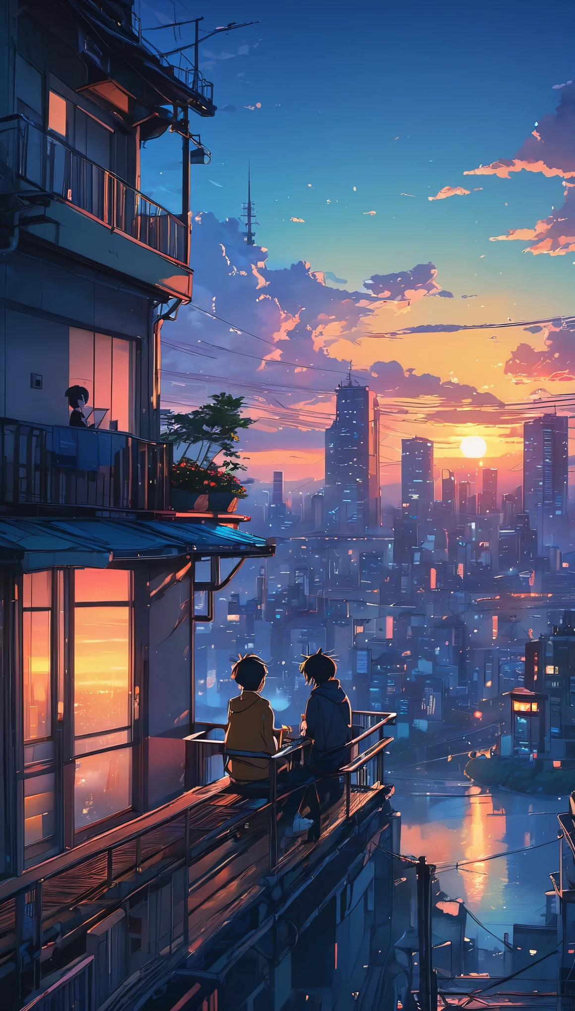 anime couple sitting on a balcony watching the sunset, watching the sun set. anime, lofi artstyle, anime background art, anime style cityscape, beautiful anime scene, lofi art, in style of makoto shinkai, 4 k manga wallpaper, makoto shinkai cyril rolando, hd anime cityscape, ilya kuvshinov landscape, 4k anime wallpaper