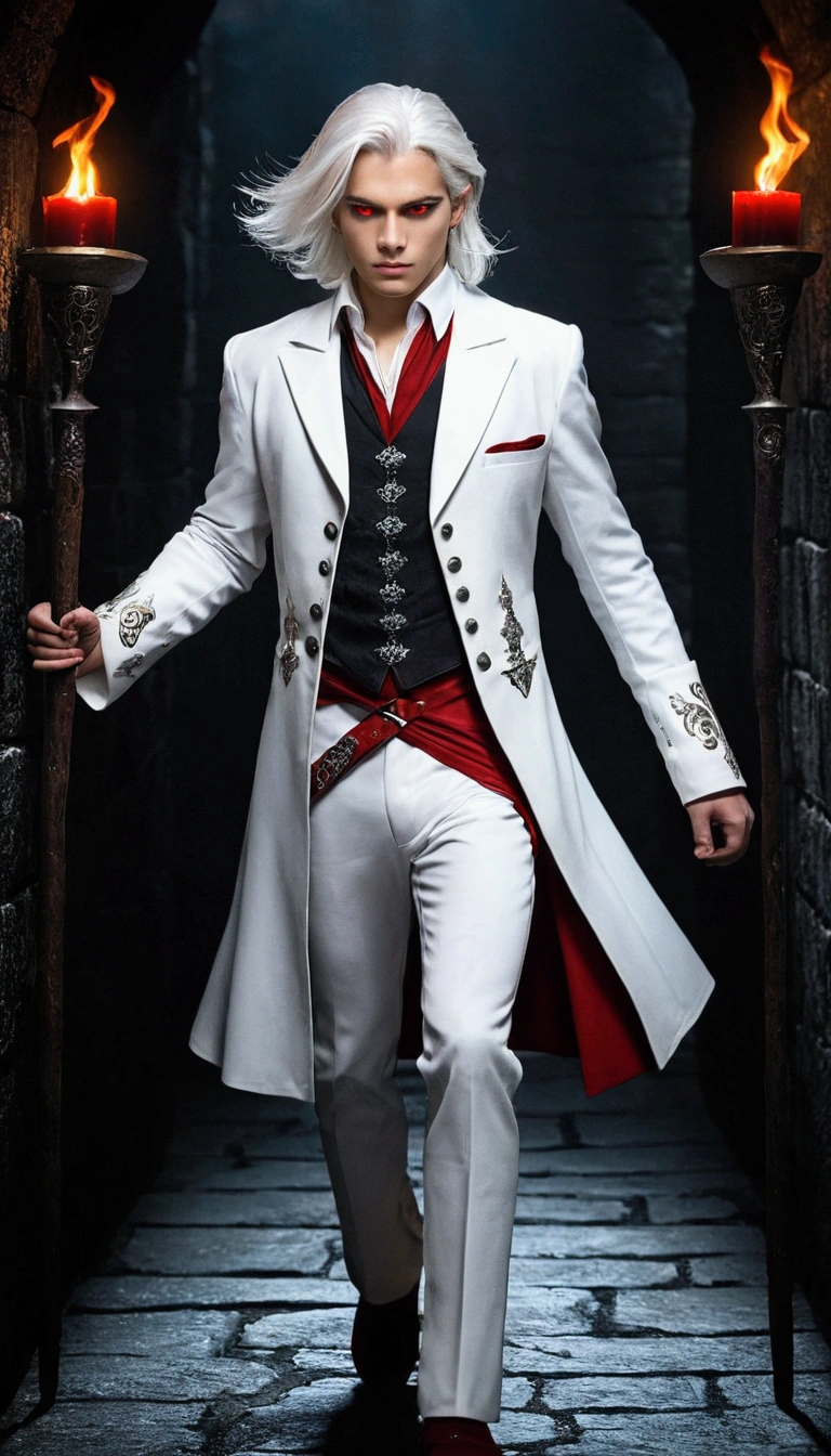 (master part) No mundo da fantasia medieval, A dynamic and epic scene unfolds as a boy with artfully combed white hair and red eyes walks confidently through a dark dungeon. His costume consists of a white suit that accentuates his powerful presence. in her hands, magia do fogo, pronto para enfrentar qualquer inimigo