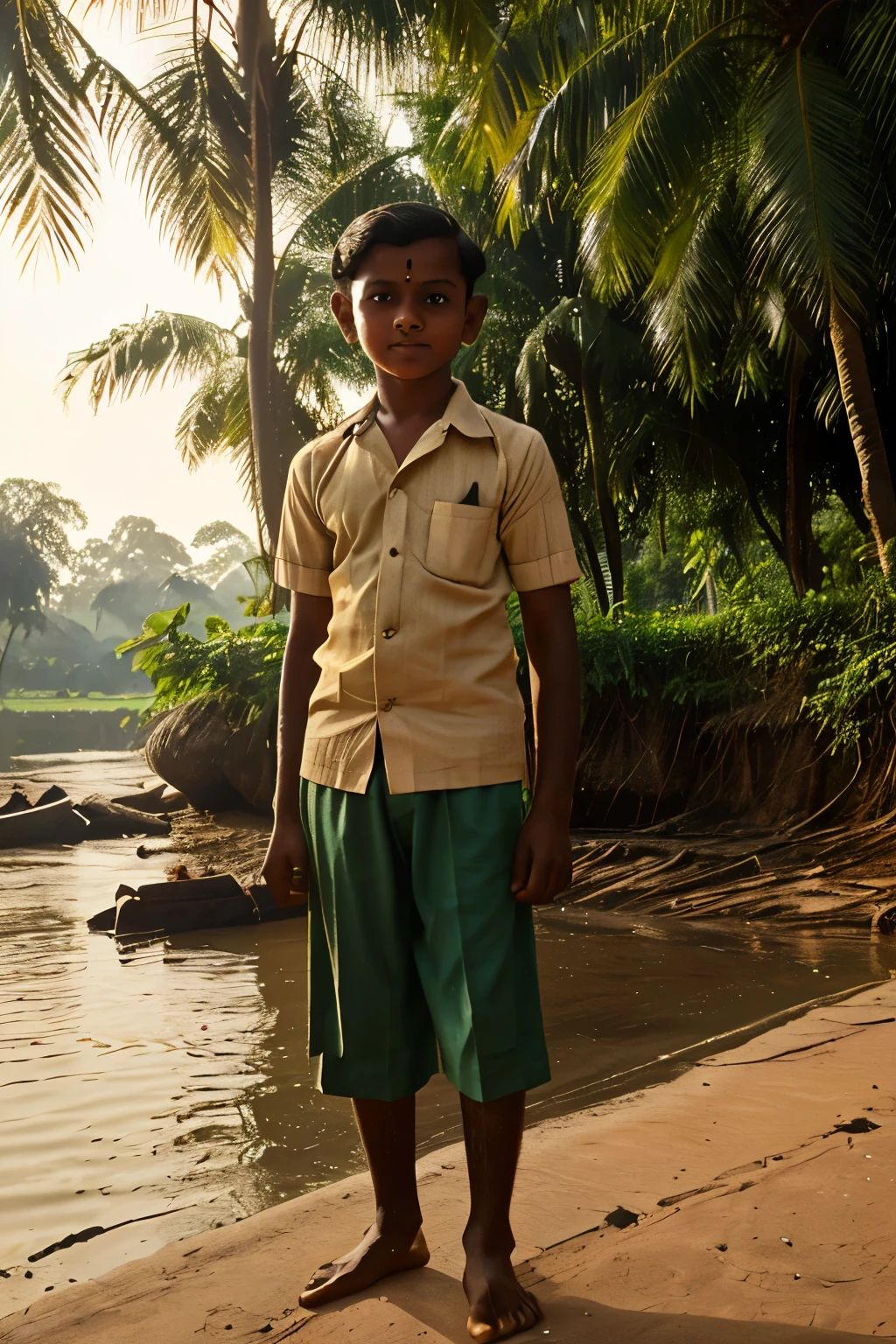 Parambil, India, 1937. A young ((((13-year-old)) Philipose)), playing next to the river, ((((clothings from the 1930s)))), ((hairstyle of the 1930s))