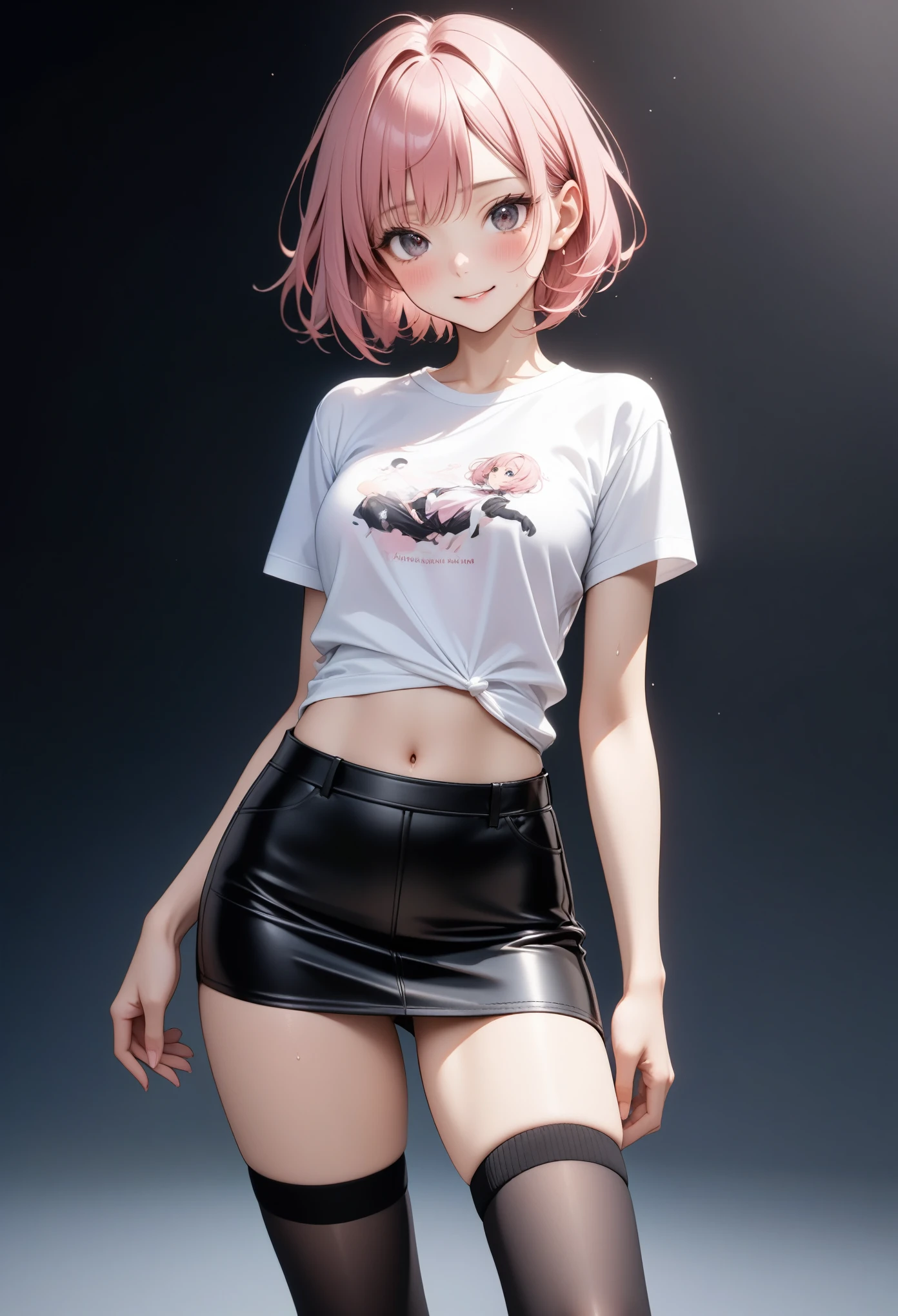 (((Female singer, T-shirt, leather tight skirt, knee socks,))), (Navel), skindentation, skinny, solo, 1 woman, Masterpiece, highest quality, highest quality, 16K, incredibly absurd, highly detailed, 2.5D, ai-generated, delicate and dynamic, very delicate facial expressions, delicate eye depiction, erotic, only sexy woman, ((A cute and kind face)), healthy figure, ((25-year-old woman)), 160cm tall, ((medium firm swaying bust)), medium breasts, (short hair), (pink hair:1.5), bob cut, black eye, blush, Sweat,Embarrassed,sexy, ((thin thighs)), (Erect nipples,:0.5), shiny and lustrous, facing straight at viewer, smile, ((Oily_skin)), dark skin, ((standing)), ((arm at side)), ((erotic pose)),