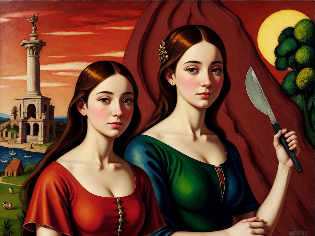[[(front full portrait: young Aphrodite of the period of antiquity with apple), ((Ilya-Kuvshinov style)),comic art [dress ((Marc Chagall style))]):20]/[background: ancient Greece
 Renaissance+Baroque, old canva, (scarlet sunset), ((style Hieronymus-Bosch))]/[very colorful,((oil painting palette knife))((masterpiece))]]