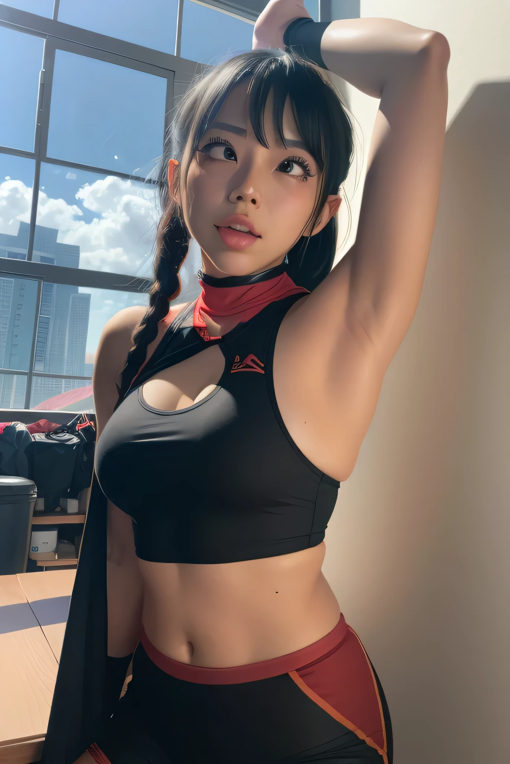 1 girl, standing, beautiful Ling Xiaoyu,18 years old, Cups, Black thighs, arm warmers, , shorts, brown hair, big chest, big ass, medium breasts,capture anime screen, 18 years old, mature appearance,armpits,sweat,sweaty,sweaty armpits,arms up,showing armpits,awesome armpits,purple black outfit, red arm warmers, red arm bands, red arm warmers