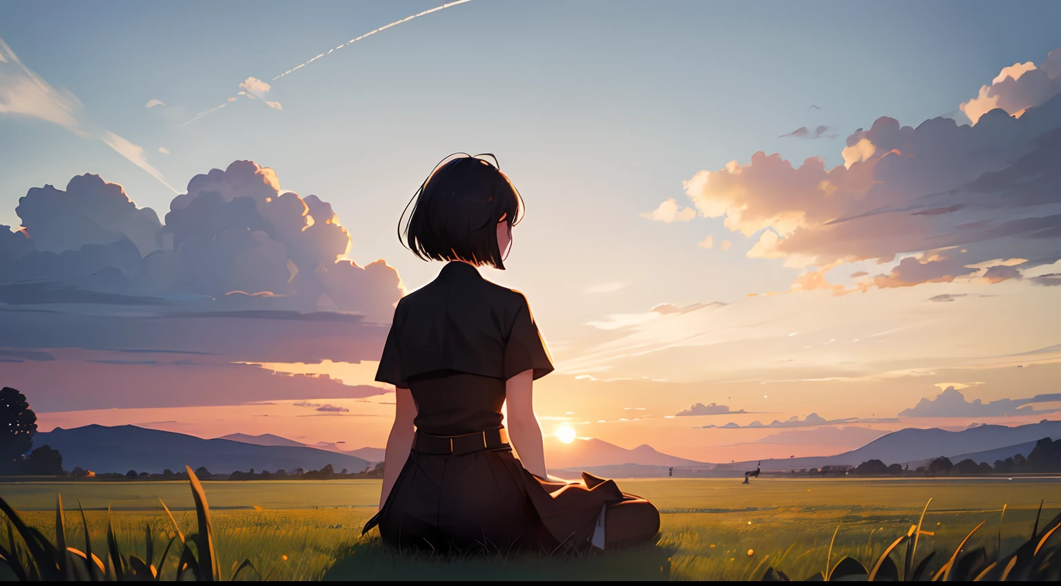 (best quality,highres:1.2),silhouette of a girl with short hair sitting on the grass of a hill in a remote field, beautiful sunset, distant view, back view