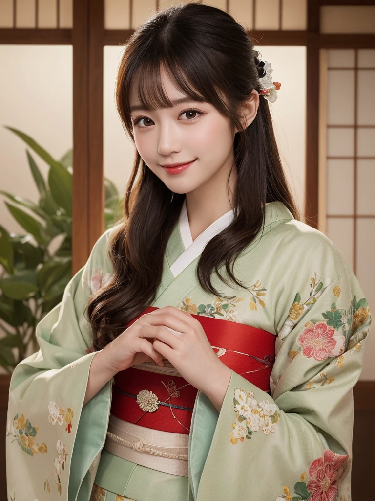 masterpiece, best quality, illustration, ultra-detailed, finely detailed, high resolution, 8K wallpaper, perfect dynamic composition, beautiful detailed eyes, japanese traditional tea ceremony, traditional japanese kimono, long hair, calm expression, cute, smile, looking at camera
