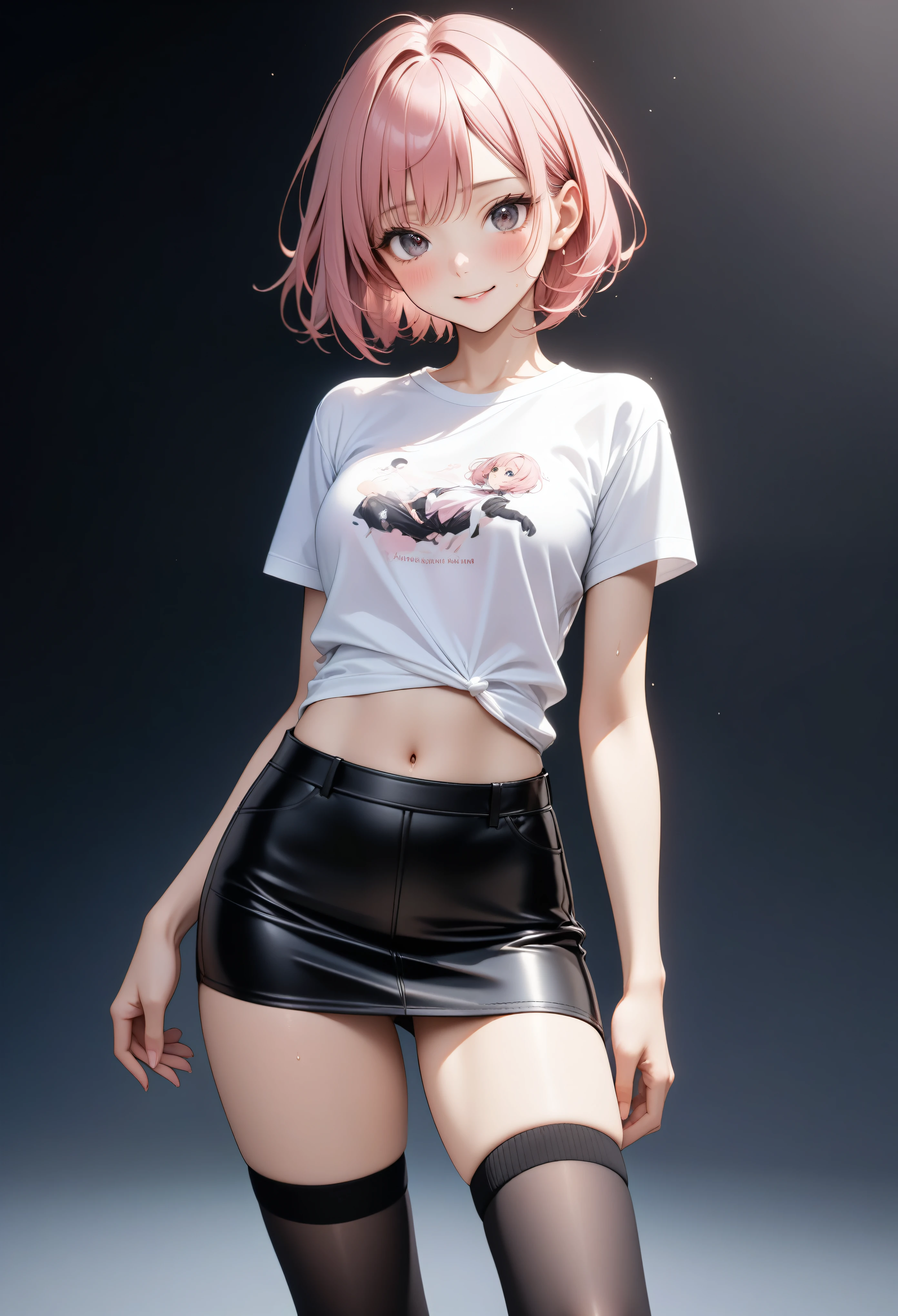 (((Female singer, T-shirt, leather tight skirt, knee socks,))), (Navel), skindentation, skinny, solo, 1 woman, Masterpiece, highest quality, highest quality, 16K, incredibly absurd, highly detailed, 2.5D, ai-generated, delicate and dynamic, very delicate facial expressions, delicate eye depiction, erotic, only sexy woman, ((A cute and kind face)), healthy figure, ((25-year-old woman)), 160cm tall, ((medium firm swaying bust)), medium breasts, (short hair), (pink hair:1.5), bob cut, black eye, blush, Sweat,Embarrassed,sexy, ((thin thighs)), (Erect nipples,:0.5), shiny and lustrous, facing straight at viewer, smile, ((Oily_skin)), dark skin, ((standing)), ((arm at side)), ((erotic pose)),