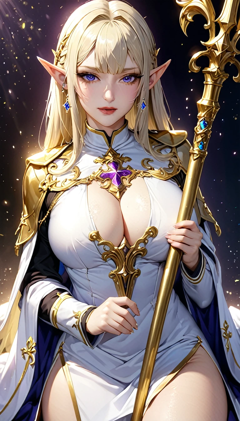 beautiful elven female bishop of the cathedral, cool beauty, piercing blue eyes, shoulder-length blonde hair, make-up, amorous and lewd face, great proportion, wearing splendid white, light blue and gold bishop's uniform and mitra, large staff embedded with purple jewel, (ultra detailed, absolutely resolution, best quality:1.3), 2.5D, delicate and dynamic, foggy effects, glitter effects