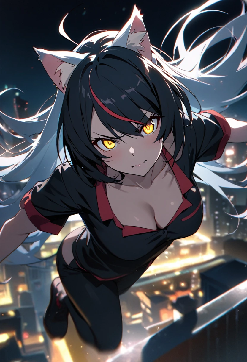 1girl, black hanekawa, monogatari (series), white cat ears, motion blur effect, leaping pose, streaked background, sense of speed, masterpiece, best quality, absurdres, nighttime cityscape, rooftop to rooftop, agile movement, determined expression, short black hair, with modifications, glowing yellow eyes, cat-like grace, moonlit sky, urban environment