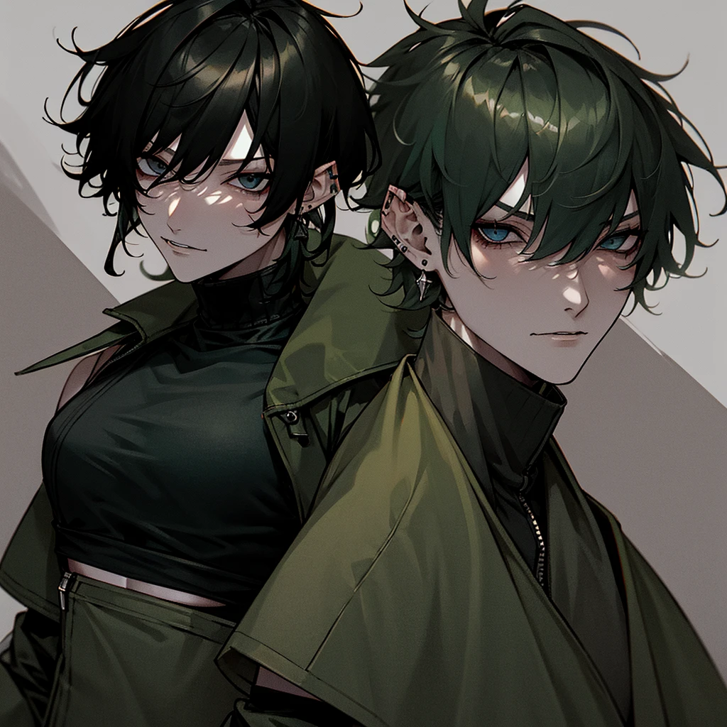 Grunge, muted green jacket, large jacket, black jacket, pale skin, black crop top, turtleneck, sleeveless shirt, black short-shorts shorts short, masculine, intimidating, black hair, wolfcut, mullet, medium hair, dark green eyes, dark blue eyes, grey eyes, male