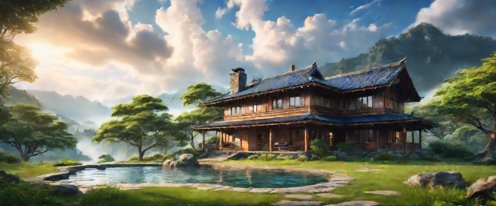 Unparalleled masterpiece, (photorealistic:1.4), best quality, beautiful lighting, (hot spring), (extremely detailed CG unity 8k wallpaper), full shot landscape photo of the most beautiful artwork in the world, cloudy sky background lush landscape house and trees illustration concept art