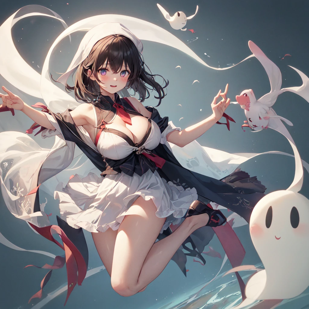 hight qualtiy, 1girl, cute face, horor, full body,breast,ghost,misty,floating,Large Breasts