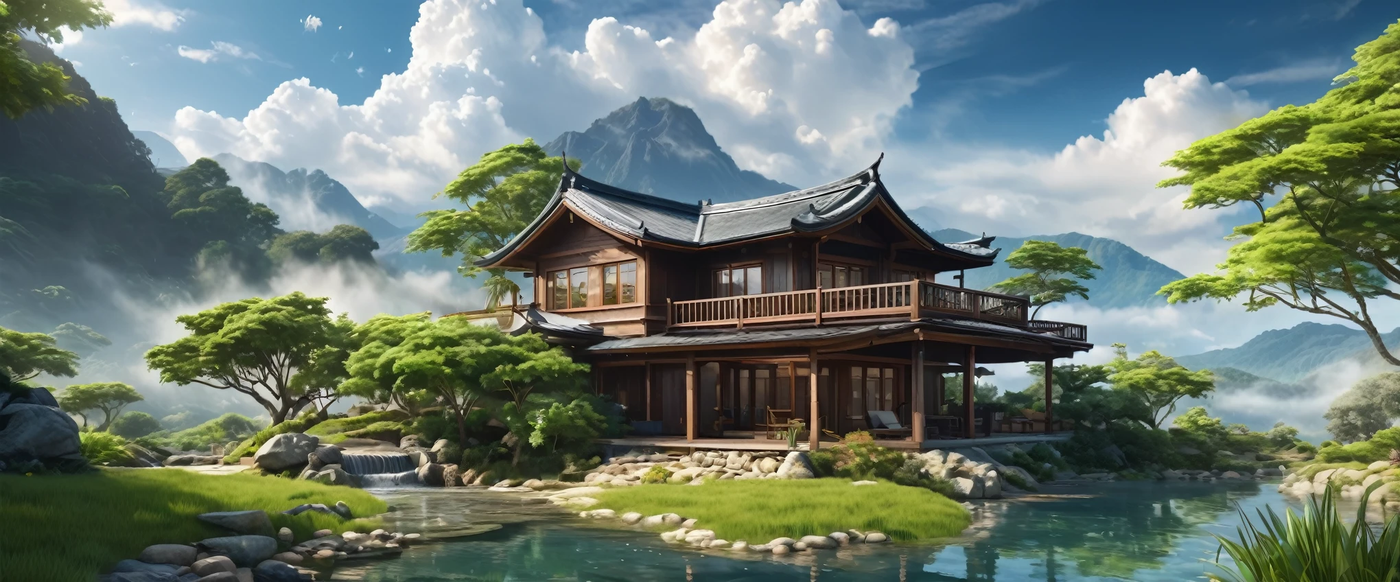 Unparalleled masterpiece, (photorealistic:1.4), best quality, beautiful lighting, (hot spring), (extremely detailed CG unity 8k wallpaper), full shot landscape photo of the most beautiful artwork in the world, cloudy sky background lush landscape house and trees illustration concept art