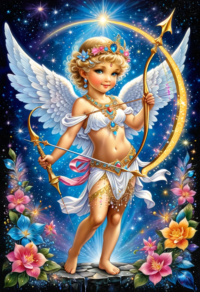 cute fabulous Cupid in a Greek toga, bow, arrows, crystals, stardust, glitter, sparks, splash art, colorful, bright, lace, large, dark background, splashes, Josephine Wall, Greg Simkins