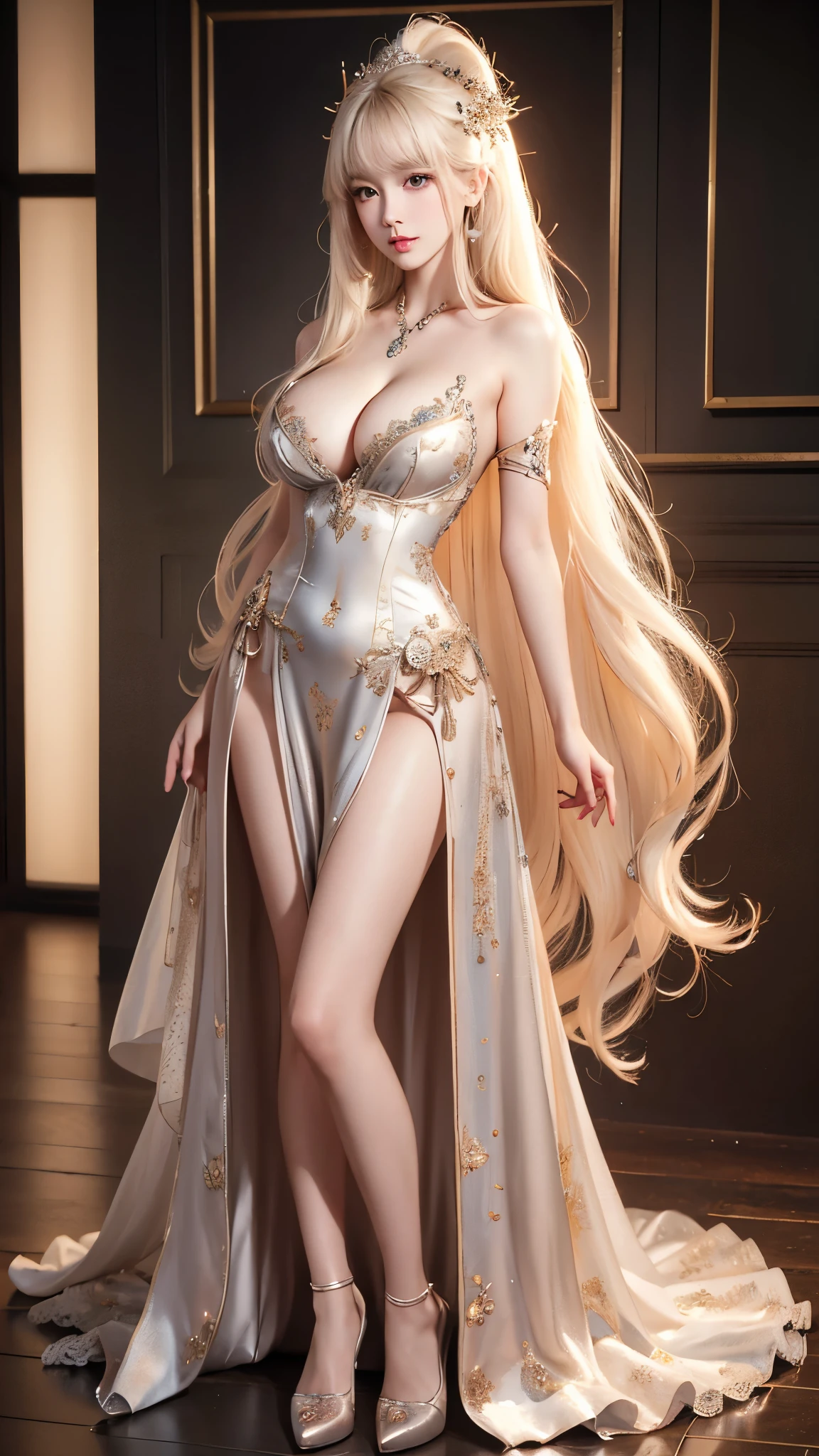 wrenchclockworkcharm
gown, dress ((full body)), ((Elegant posture, Attractive posture)), Platinum Blonde Fine Hair、Extra long silky straight hair、Big eyes with bangs and eyeliner、((Visible cleavage))、((E cup)), ((I-type Valley)), Nordic Youth、Perfect body、Very beautiful and cute、White Skin、Smooth and radiant skin、Young and beautiful skin、Perfect beautiful little face、Shiny Makeup、Thin pink lip gloss expression、girl、Lipstick、Deceptive advertising、{Steaming hot}、Audience perspective、Primetime lights、Bokeh atmosphere perspective、Detailed movie lighting、Intricate details、high resolution、 Details of facial design、High Detail、Be focused、Smoothness、aesthetics、Print、Octane Renderer、{{masterpiece}}
