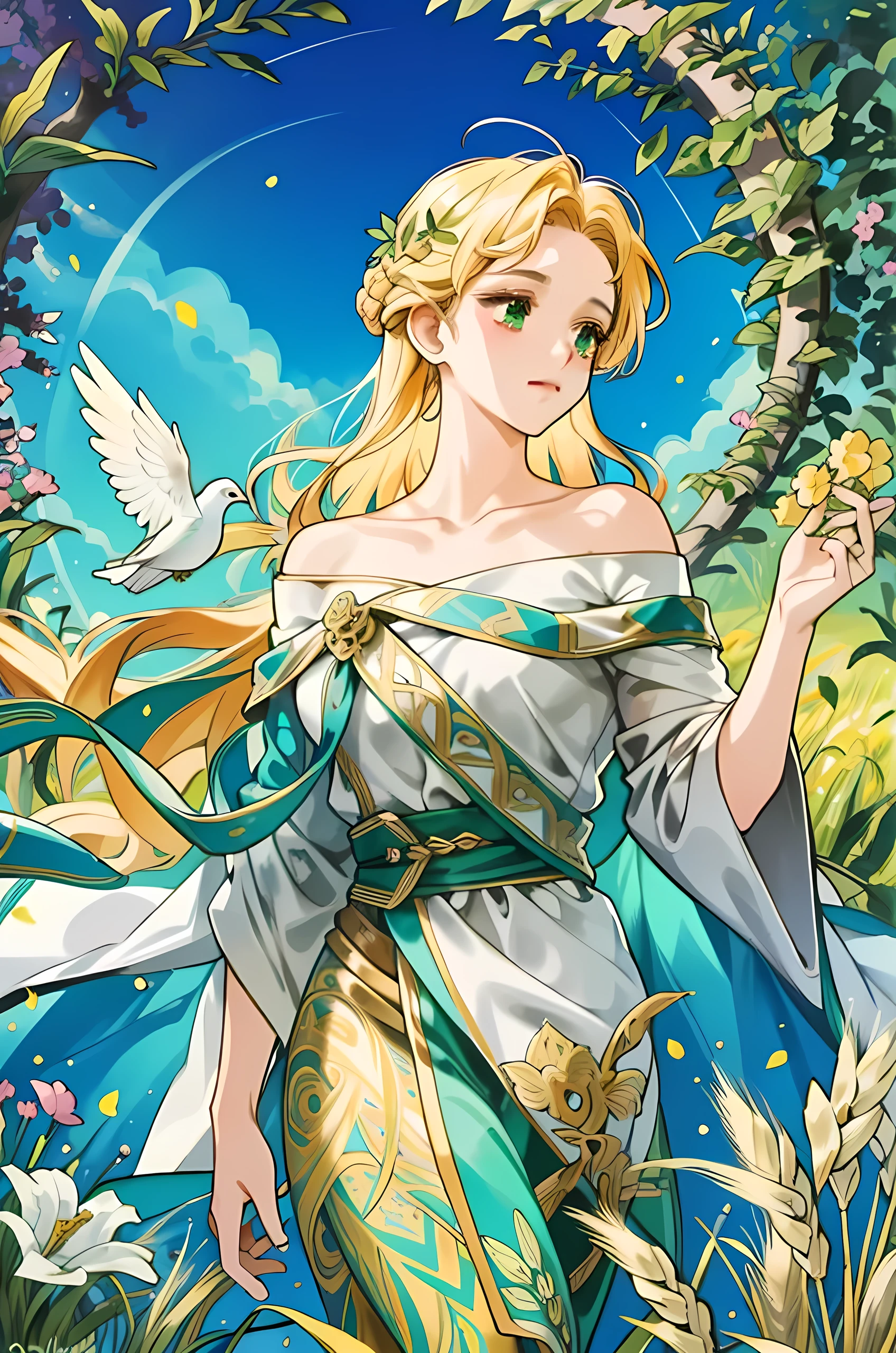 ((masterpiece:1.2, best quality)), ultra detailed, Ultra-precise depiction, Ultra-detailed depiction, (zentangle:1.2), (dynamic pose), (abstract background:1.5)
Leticia, the goddess of fertility, life, and abundance. She has flowing golden hair that glimmers like sunlight on wheat fields, and her striking emerald green eyes are vibrant and full of life. Leticia's skin has a radiant, ethereal glow, embodying warmth and vitality. She is dressed in elegant, flowing robes in shades of green and gold, adorned with floral and vine motifs that symbolize her connection to nature and growth.

Leticia stands in a lush, verdant landscape, surrounded by blooming flowers, flourishing crops, and thriving wildlife. Her presence exudes a joyful and nurturing energy, reflecting her role as a protector and giver of life. Include symbols such as wheat sheaves, green vines, and golden flowers to emphasize her dominion over fertility and abundance. Additionally, consider incorporating sacred animals like deer, doves, and bees, which are often associated with her.

The setting can be a serene, nature-filled environment, possibly near a crystal-clear spring or amidst a blooming grove, highlighting her connection to water and nourishment. The artwork should convey a sense of peace, renewal, and the flourishing energy of life.