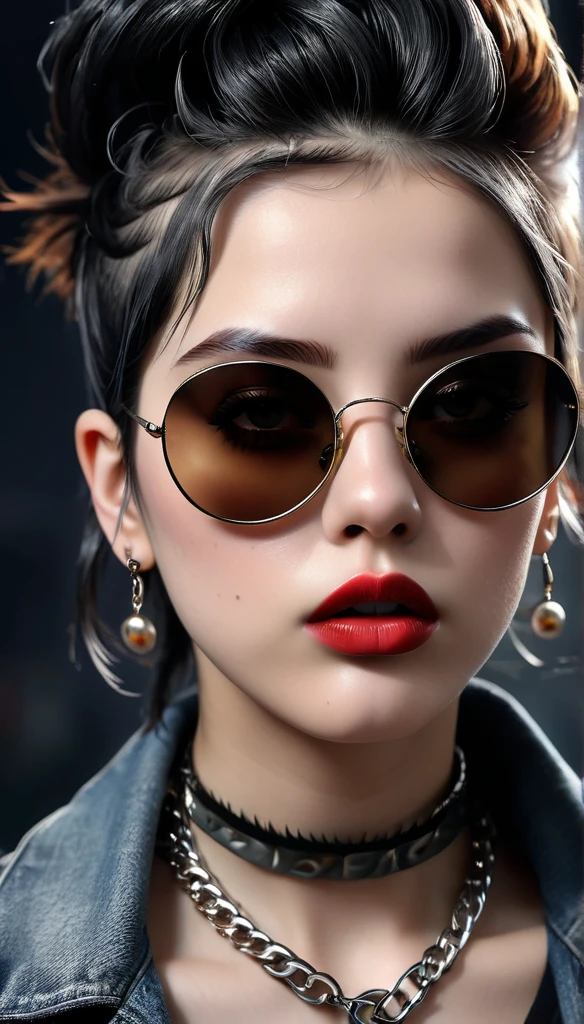 (best quality,4 k,8 k,higher ,masterpiece:1.2),ultra-detailed,(realistic,photorealistic,photo-realistic:1.37), punk girl thug style ultra realistic, Raw photo Realistic, black hair layered haircuts punk style, black sunglasses chain locket,big earring, smoking hot,dark room realistic light ultra detailed description cool face expression, delicate nose,long eyelashes, delicate lips ultra realistic, highly detailed HD wallpaper top Quality