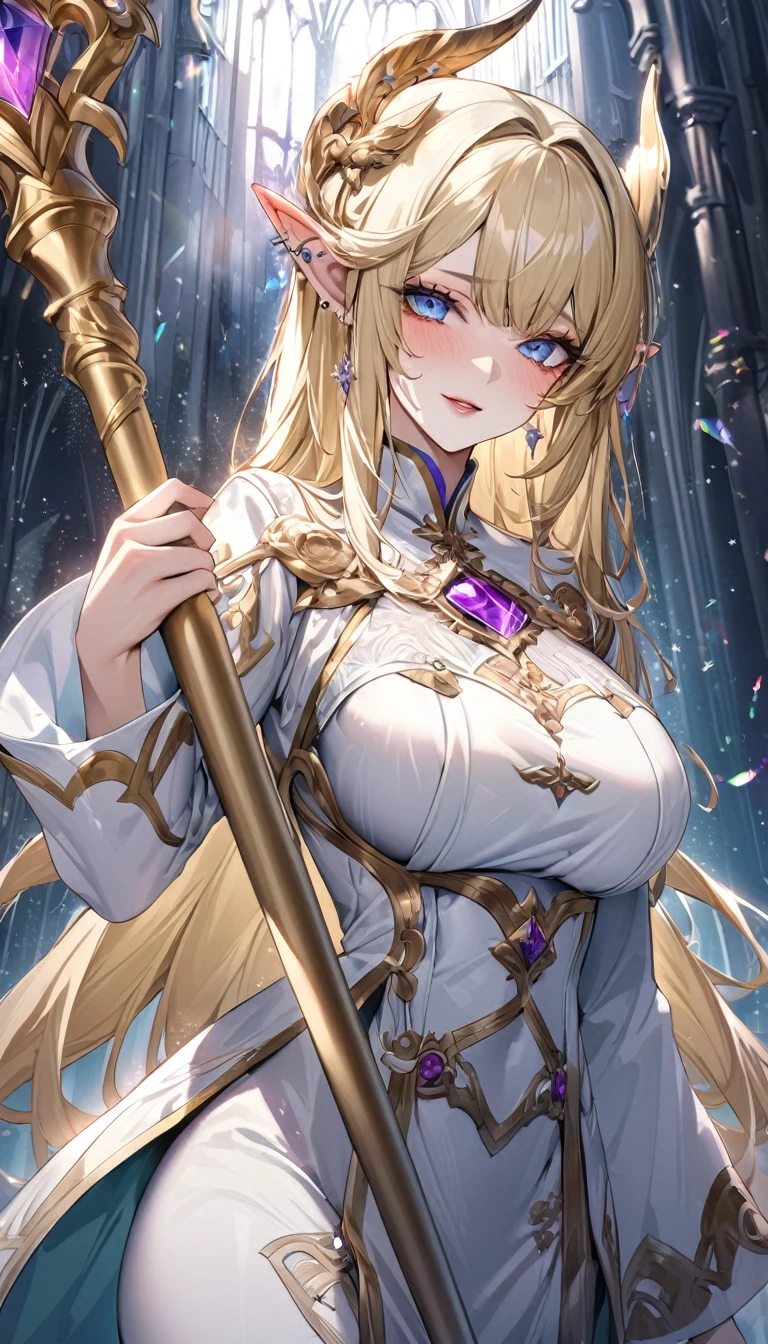 beautiful elven female bishop of the cathedral, cool beauty, piercing blue eyes, shoulder-length blonde hair, make-up, amorous and lewd face, great proportion, wearing splendid white, light blue and gold bishop's uniform and mitra, large staff embedded with purple jewel, (ultra detailed, absolutely resolution, best quality:1.3), 2.5D, delicate and dynamic, foggy effects, glitter effects