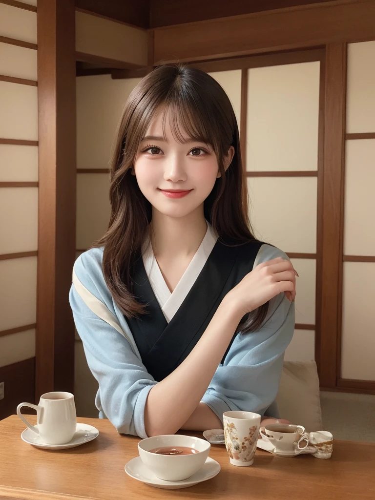 masterpiece, best quality, illustration, ultra-detailed, finely detailed, high resolution, 8K wallpaper, perfect dynamic composition, beautiful detailed eyes, traditional japanese tea ceremony, long hair, calm expression, cute, smile, looking at camera