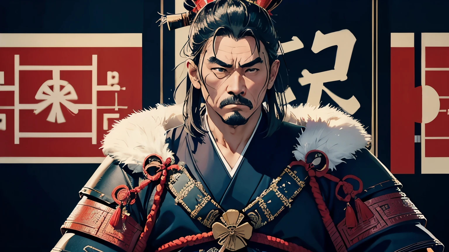 ５０age、navy、Māori dollars、Wearing intricately designed traditional samurai armor、
Famous people in Japanese history、He has a stern look、Has an intimidating presence