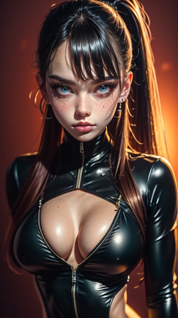 Stretching,(Cinematic scene,Fantasy Art,Highest image quality,portrait of ultra realistic,(8K),Ultra-realistic,Best Quality,High quality,High Definition,high quality texture,high detailing,Beautiful detailed,fine detailed,extremely details CG,Detailed texture,realistic representation of face,masutepiece,presence,Dynamic,Bold),1gir,Ultra detailed skin,Curve,,Beautiful breasts,Large breasts,pale skin,pointed breast,Erect nipples,Ponytail,(super thin hair),(ultra soft hair),(ultra straight hair),Swept long bangs,very light coppery amber hair,Hair over one eye,gymnastic suit