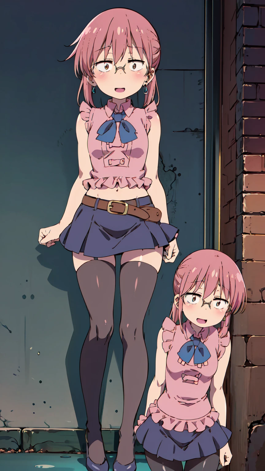 Kobayashi, happy, cara happy, (Bust size very very small.)),  (flat chest:1.2), Elizabeth 7ds custom,  ((pink sleeveless blouse with ruffles and blue bow,)), black leather skirt, asymmetrical leggings, pink shirt, black thighs, Belt with buckle, black thigh high stocking on the right leg, turquoise earrings, mini skirt, 
