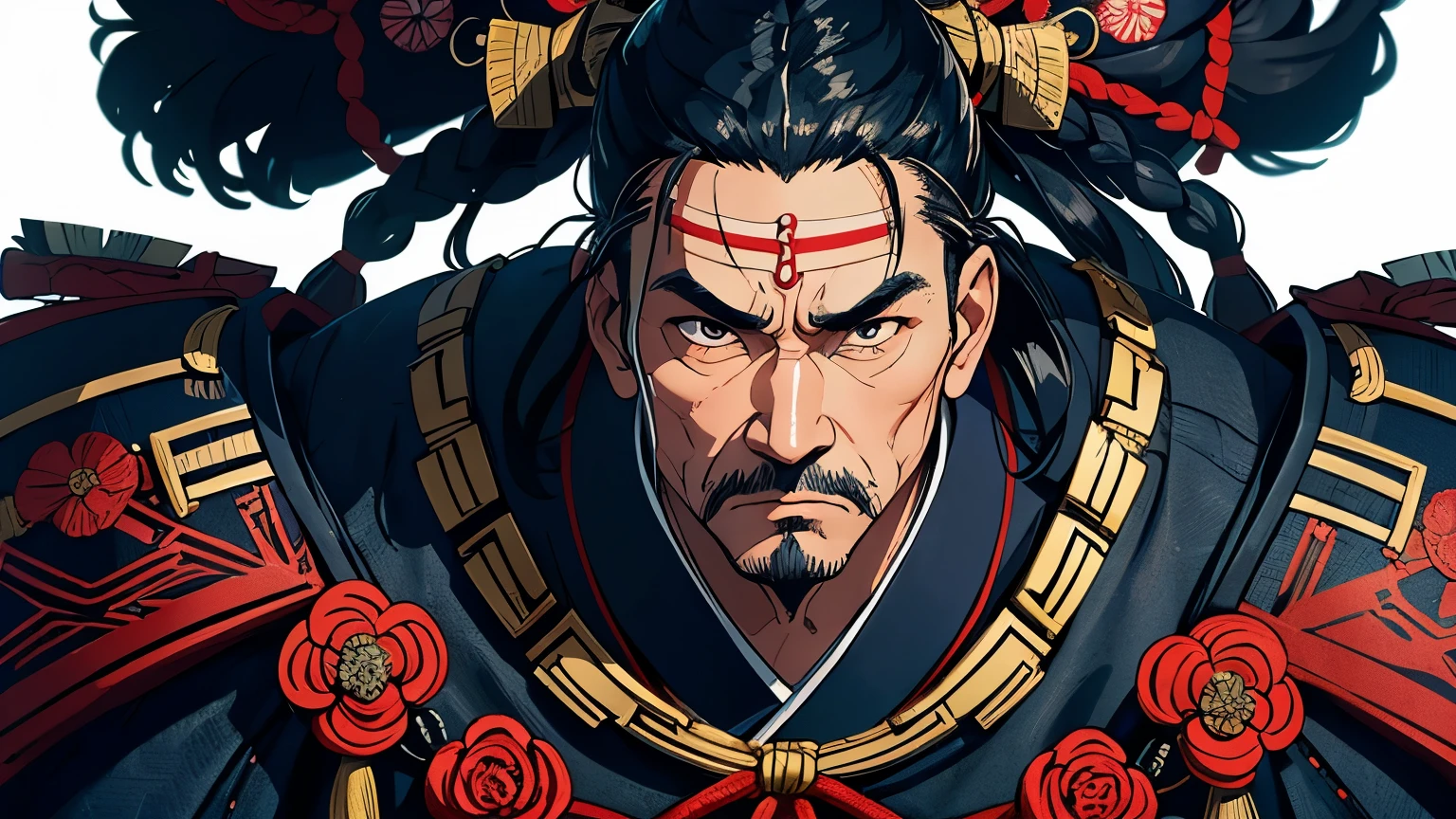 ５０age、navy、Māori dollars、Wearing intricately designed traditional samurai armor、
Famous people in Japanese history、He has a stern look、Has an intimidating presence