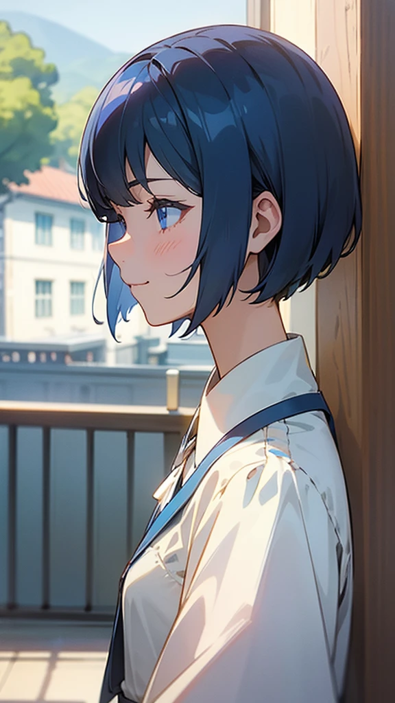 １girl、Dark blue hair、Short Bob Cut、Straight hair、blue eyes、smile、profile、Upper body close-up、Morning Cafe Terrace、Background blur, Written boundary depth