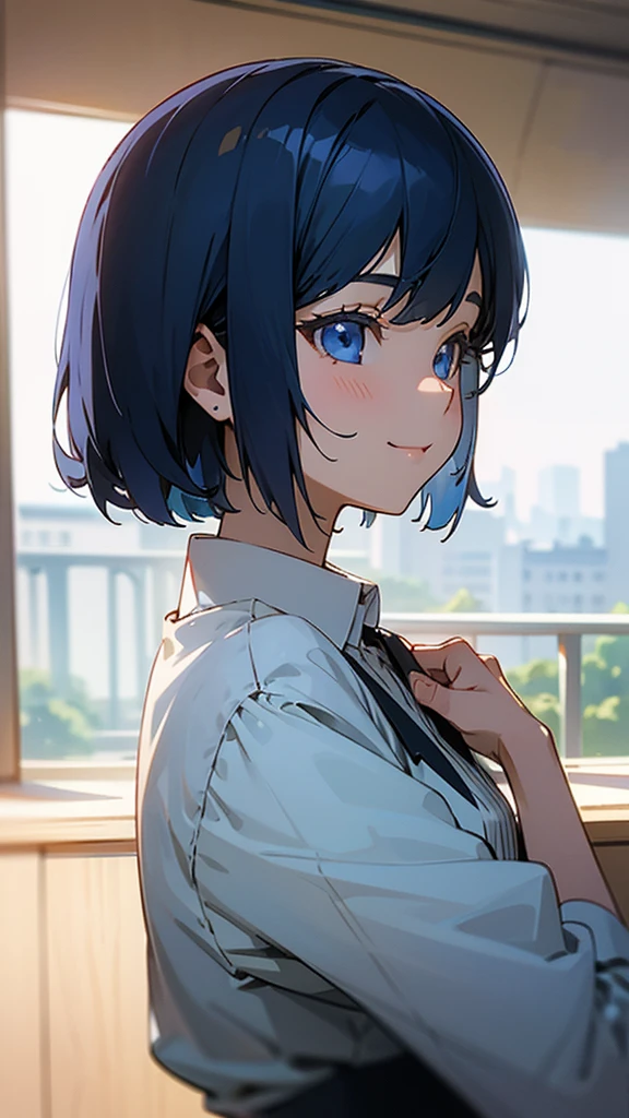 １girl、Dark blue hair、Short Bob Cut、Straight hair、blue eyes、smile、profile、Upper body close-up、Morning Cafe Terrace、Background blur, Written boundary depth