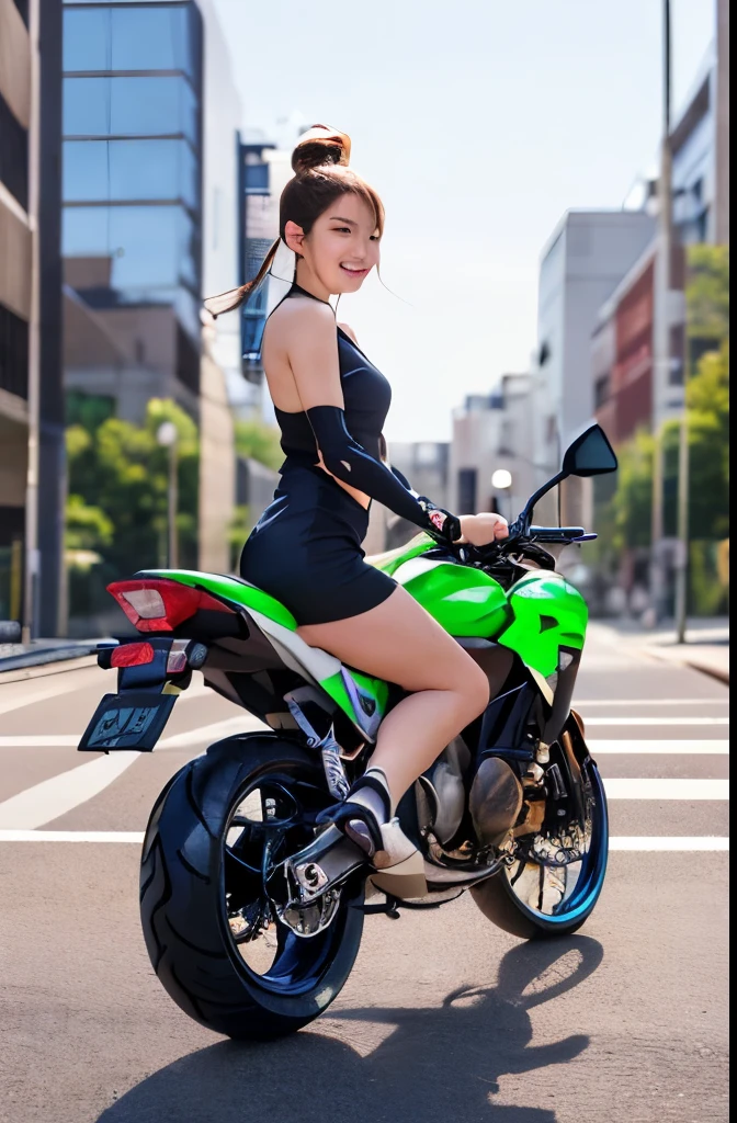 Shining Korean beauty with cybernetic arm,(Transparent and revealing clothing:1.3, ),(Cyber Girl is、Ride through a futuristic city in a colorful vehicle, Custom painted green Kawasaki Ninja bike:1.3),mini skirtを履いてバイクに跨り白いパンティが見えてます、Kawasaki Ninja 250、Show me her white panties.、 （Ultra mini skirt:1.3）、Shiny light brown and orange striped ponytail hair,Cute Smile,Perfect round face,A bright smile that makes everyone happy,Proper body balance,Tabletop,Ultra-high quality output images,High resolution,Intricate details,Very delicate and beautiful hair,Realistic photos,dream-like,Professional Lighting,Realistic Shadows,Focus Only,Beautiful Hands,Beautiful fingers,Detailed functions of the fingers,Detailed characteristics of the garment,Detailed characteristics of hair,Detailed facial features,