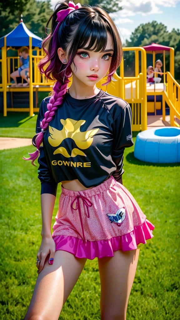 Ultra high quality,8K,Don't miss your fingers,1girle,Sports Girl,Blue-pink hair,Super short skirt,Lawn playground,Dopamine girls