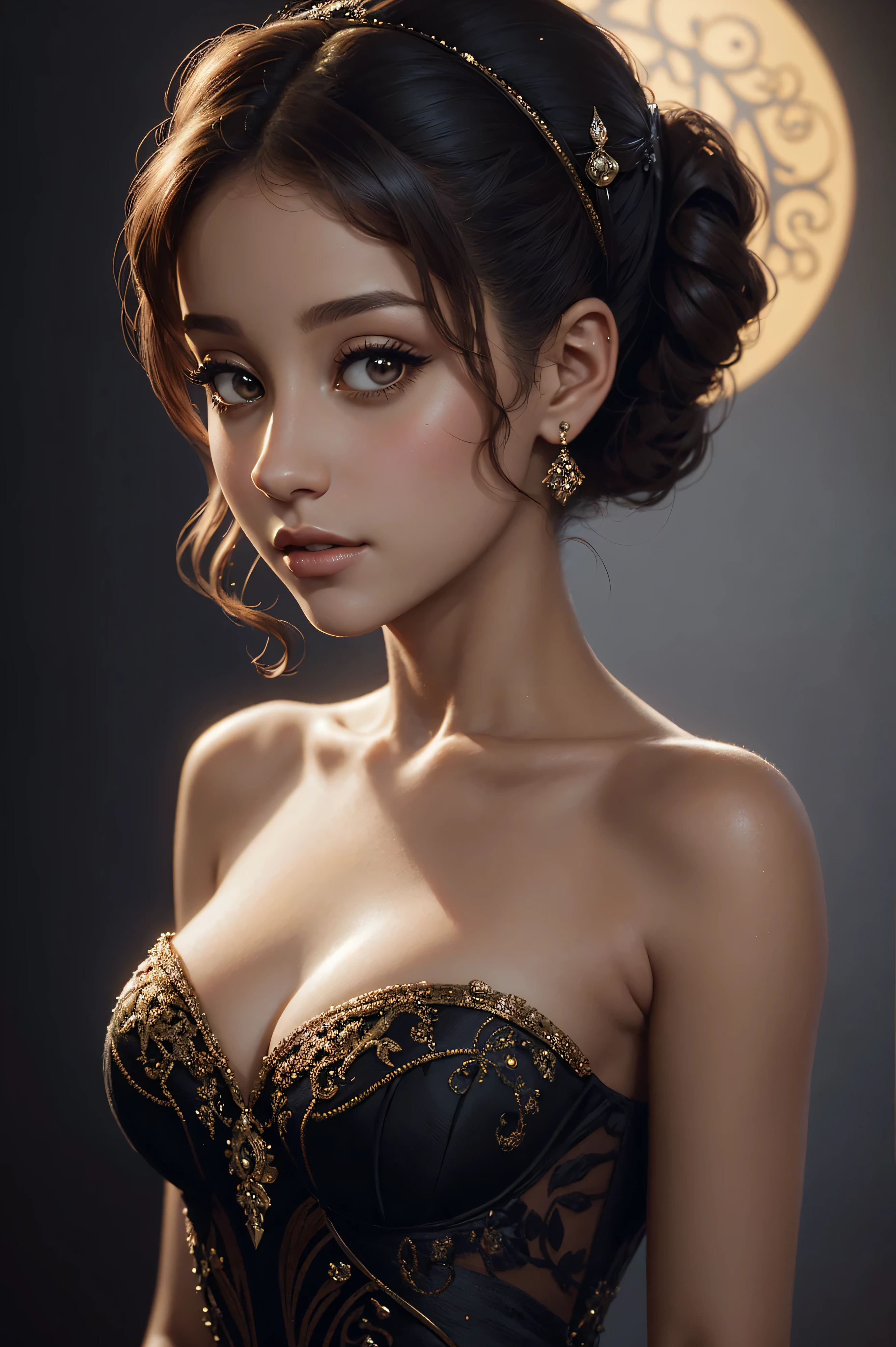 a beautiful 18-year-old girl with short black hair, wearing a light pink evening dress, detailed makeup, accessories in her hair, turquoise eyes, hyper realistic, 8k, photorealistic, cinematic, dramatic lighting, elegant, beautiful facial features, intricate details, masterpiece