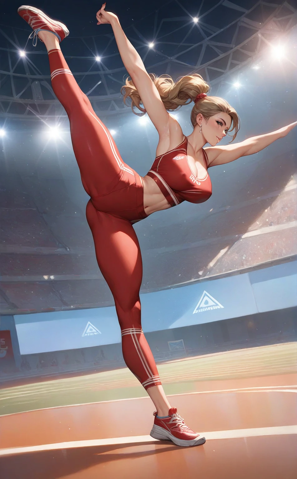 Masterpiece, best quality, 1girl, sexy woman, gymnast , gymnastics outfit, arena , Olympia, warming up, large hips,, busty, sunny ,sport arena